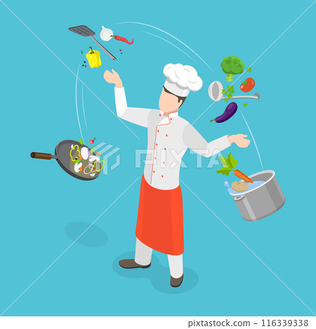 3D Isometric Flat Vector Illustration of Professional Chef, Chef in Uniform and Cap Surrounded by Flying Pots and Ingredients 3D Isometric Flat Vector Illustration of Professional Chef, Chef in Uniform and Cap Surrounded by Flying Pots and Ingredients 116339338