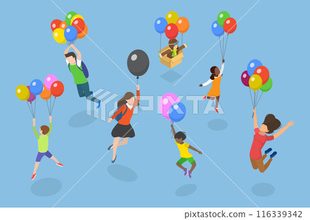 3D Isometric Flat Vector Illustration of Soaring in the Sky, Happy Children Flying High with Bright Balloons 116339342