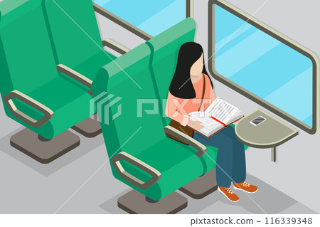 3D Isometric Flat Vector Illustration of Reading in a Train, Relaxation While Commuting 3D Isometric Flat Vector Illustration of Reading in a Train, Relaxation While Commuting 116339348