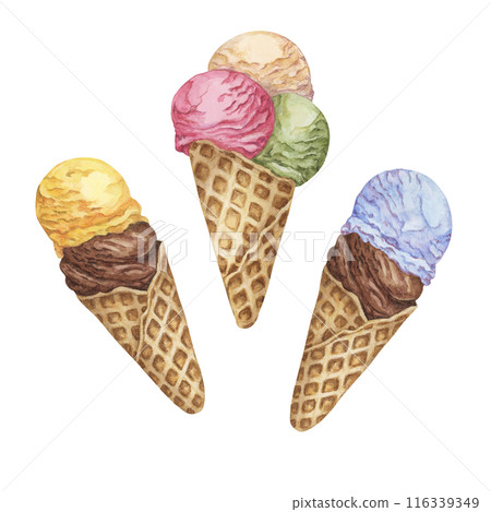 Ice cream cones set in pastel colors. Dessert watercolor illustration of frozen treats for summer feel, cafes, stickers and posters. Hand drawn sweets theme clipart for food and culinary design Ice cream cones set in pastel colors. Dessert watercolor illustration of frozen treats for summer feel, cafes, stickers and posters. Hand drawn sweets theme clipart for food and culinary design 116339349