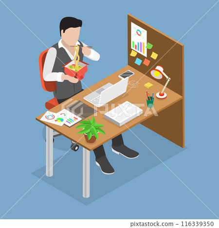 3D Isometric Flat Vector Illustration of Quiet Workplace , Man Having a Peaceful Lunch Break at Work. 3D Isometric Flat Vector Illustration of Quiet Workplace , Man Having a Peaceful Lunch Break at Work. 116339350