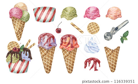Ice cream design elements set including various flavors, cherries, waffle cones, wafer sticks, whipped cream, mint leaves and metal scoop, drizzles of chocolate and berry sirup. Watercolor clipart 116339351