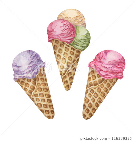 Ice cream cones set in pastel colors. Dessert watercolor illustration of frozen treats for summer feel, cafes, stickers and posters. Hand drawn sweets theme clipart for food and culinary design Ice cream cones set in pastel colors. Dessert watercolor illustration of frozen treats for summer feel, cafes, stickers and posters. Hand drawn sweets theme clipart for food and culinary design 116339355
