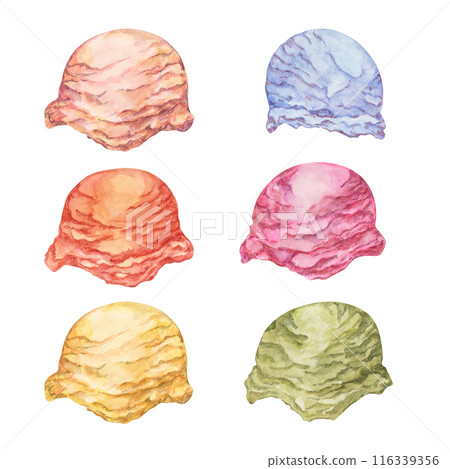 Ice cream scoops set in pastel colors. Dessert watercolor illustration of frozen treats for summer feel, cafes, stickers and posters. Hand drawn sweets theme clipart for food and culinary design Ice cream scoops set in pastel colors. Dessert watercolor illustration of frozen treats for summer feel, cafes, stickers and posters. Hand drawn sweets theme clipart for food and culinary design 116339356