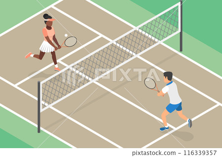 3D Isometric Flat Vector Illustration of Playing Tennis on Court, Active Lifestyle 3D Isometric Flat Vector Illustration of Playing Tennis on Court, Active Lifestyle 116339357