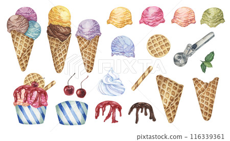 Ice cream design elements set including various flavors, cherries, waffle cones, wafer sticks, whipped cream, mint leaves and metal scoop, drizzles of chocolate and berry sirup. Watercolor clipart 116339361