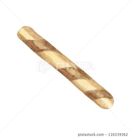 Crunchy wafer stick with crispy texture for desserts and beverages. Watercolor illustration of the light, rolled pastry. Clipart for ice cream cafe, stand, menu, culinary design, summer fair Crunchy wafer stick with crispy texture for desserts and beverages. Watercolor illustration of the light, rolled pastry. Clipart for ice cream cafe, stand, menu, culinary design, summer fair 116339362