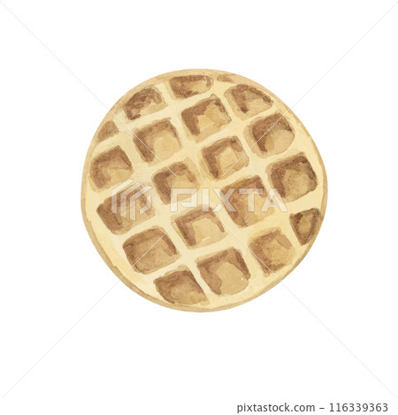 A round, golden waffle with a classic grid pattern. Watercolor topping illustration for desserts, pastry, Realistic hand drawn clipart for ice cream cafe, stand, menu, culinary design, summer fair 116339363