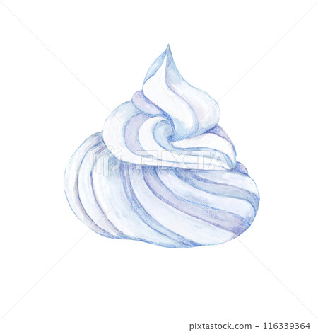 Swirl of white fresh whipped cream. Watercolor topping illustration for desserts, pastry, beverages. Realistic hand drawn clipart for ice cream cafe, stand, menu, culinary design, summer fair Swirl of white fresh whipped cream. Watercolor topping illustration for desserts, pastry, beverages. Realistic hand drawn clipart for ice cream cafe, stand, menu, culinary design, summer fair 116339364