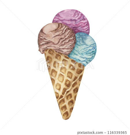 Coffee, chocolate, berry and bubblegum or cotton candy cream scoops in waffle cone clipart . Dessert realistic watercolor illustration of cold treats for labels, menu, culinary design, summer fair Coffee, chocolate, berry and bubblegum or cotton candy cream scoops in waffle cone clipart . Dessert realistic watercolor illustration of cold treats for labels, menu, culinary design, summer fair 116339365