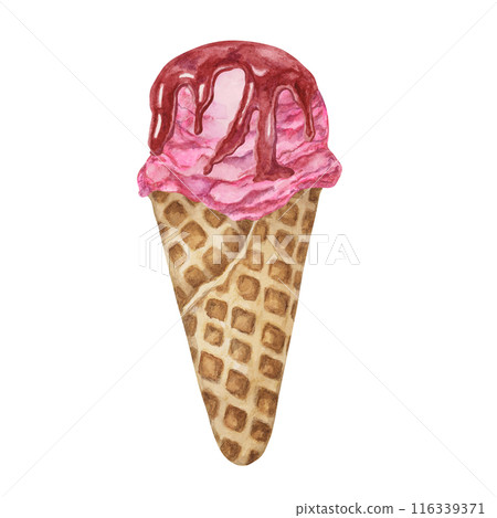 Raspberry, dragon fruit, bubblegum, pomegranate, cherry ice cream scoop with berry sauce topping in waffle cone clipart. Dessert watercolor illustration for labels, menu, culinary design, summer fair 116339371