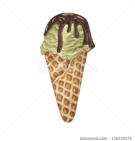 Pistachio, green tea, matcha, mint, avocado or lime ice cream scoop with chocolate sirup topping in waffle cone clipart. Dessert watercolor illustration for labels, menu, culinary design, summer fair Pistachio, green tea, matcha, mint, avocado or lime ice cream scoop with chocolate sirup topping in waffle cone clipart. Dessert watercolor illustration for labels, menu, culinary design, summer fair 116339374