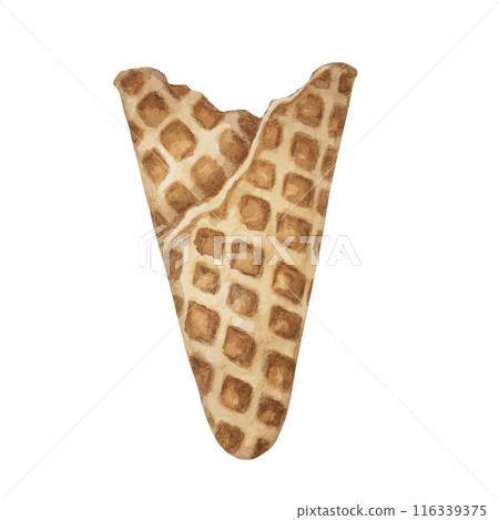 Crispy waffle cone. Isolated watercolor illustration of an edible ice cream wafer cup. Realistic hand drawn clipart for ice cream cafe, stand, menu, culinary design, summer fair, marketing material 116339375