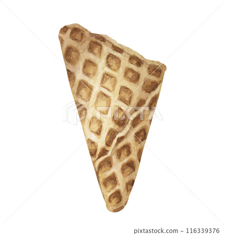Crispy waffle cone. Isolated watercolor illustration of an edible ice cream wafer cup. Realistic hand drawn clipart for ice cream cafe, stand, menu, culinary design, summer fair, marketing material 116339376