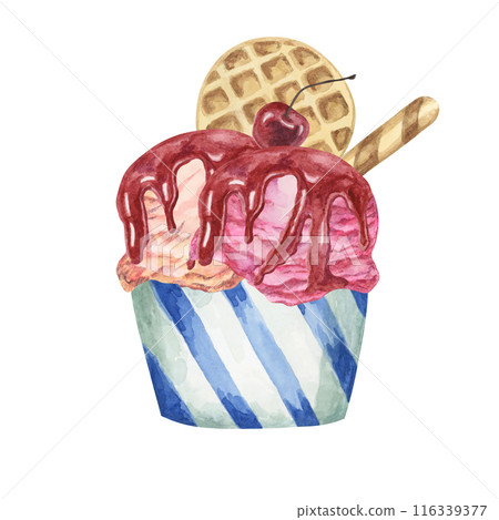 Ice cream sundae in the striped paper cup with red berries sirup, waffles and maraschino cherries toppings. Dessert watercolor illustration for culinary designs, menu, summer fair. Hand drawn clipart Ice cream sundae in the striped paper cup with red berries sirup, waffles and maraschino cherries toppings. Dessert watercolor illustration for culinary designs, menu, summer fair. Hand drawn clipart 116339377