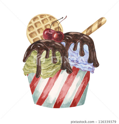 Ice cream sundae in the striped paper cup with chocolate sirup, waffles and maraschino cherries toppings. Dessert watercolor illustration for culinary designs, menu, summer fair. Hand drawn clipart 116339379