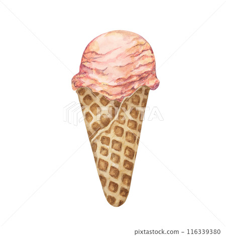 Pink strawberry, raspberry, sakura, lychee, rose or pink lemonade ice cream scoop in waffle cone clipart . Dessert watercolor illustration of cold treats for labels, menu, culinary design, summer fair Pink strawberry, raspberry, sakura, lychee, rose or pink lemonade ice cream scoop in waffle cone clipart . Dessert watercolor illustration of cold treats for labels, menu, culinary design, summer fair 116339380