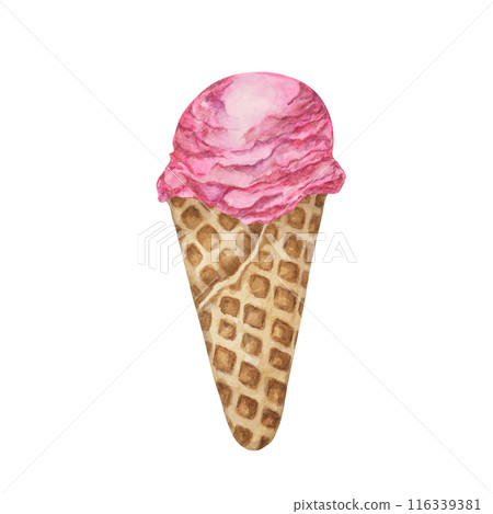 Raspberry, dragon fruit, bubblegum, pomegranate, cherry ice cream scoop in waffle cone clipart. Dessert realistic watercolor illustration of cold treats for labels, menu, culinary design, summer fair Raspberry, dragon fruit, bubblegum, pomegranate, cherry ice cream scoop in waffle cone clipart. Dessert realistic watercolor illustration of cold treats for labels, menu, culinary design, summer fair 116339381