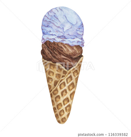 Bubble gum, blue moon, candy and chocolate flavor ice cream scoop in the waffle cone clipart . Dessert realistic watercolor illustration of cold treats for labels, menu, culinary design, summer fair Bubble gum, blue moon, candy and chocolate flavor ice cream scoop in the waffle cone clipart . Dessert realistic watercolor illustration of cold treats for labels, menu, culinary design, summer fair 116339382