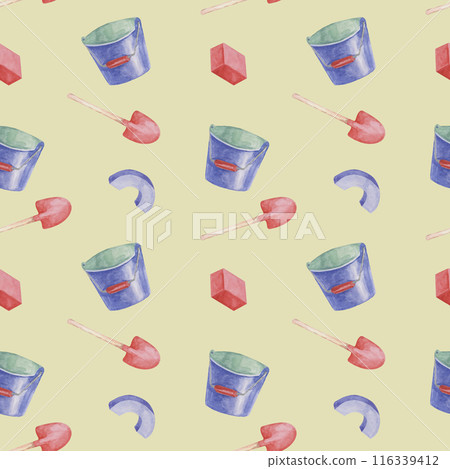 Bucket and shovel toys toy. Beach sand play game objects clipart. Retro blue and red gardening tools watercolor illustration for kids party, sticker, scrapbooking, invitations, baby shower, nursery Bucket and shovel toys toy. Beach sand play game objects clipart. Retro blue and red gardening tools watercolor illustration for kids party, sticker, scrapbooking, invitations, baby shower, nursery 116339412