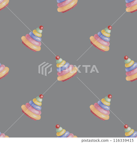 Baby seamless pattern with wooden toy pyramid. Stacking rings in watercolor. Simple play ornament. Hand drawn textile print for kids clothes, children's nursery wallpaper, wrapping paper, scrapbooking Baby seamless pattern with wooden toy pyramid. Stacking rings in watercolor. Simple play ornament. Hand drawn textile print for kids clothes, children's nursery wallpaper, wrapping paper, scrapbooking 116339415