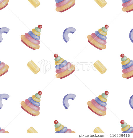 Baby seamless pattern with blocks and Ring tower puzzle in watercolor. Simple toy ornament. Hand drawn textile print for kids clothes, children's nursery wallpaper, wrapping paper, scrapbooking Baby seamless pattern with blocks and Ring tower puzzle in watercolor. Simple toy ornament. Hand drawn textile print for kids clothes, children's nursery wallpaper, wrapping paper, scrapbooking 116339416