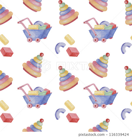 Toy wheelbarrow, stacking rings tower and blocks. Retro cart and puzzle. Simple Baby seamless pattern. Textile print for kids clothes, children's nursery wallpaper, wrapping paper, scrapbooking Toy wheelbarrow, stacking rings tower and blocks. Retro cart and puzzle. Simple Baby seamless pattern. Textile print for kids clothes, children's nursery wallpaper, wrapping paper, scrapbooking 116339424