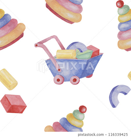 Toy wheelbarrow, stacking rings tower and blocks. Retro cart and puzzle. Simple Baby seamless pattern. Textile print for kids clothes, children's nursery wallpaper, wrapping paper, scrapbooking Toy wheelbarrow, stacking rings tower and blocks. Retro cart and puzzle. Simple Baby seamless pattern. Textile print for kids clothes, children's nursery wallpaper, wrapping paper, scrapbooking 116339425