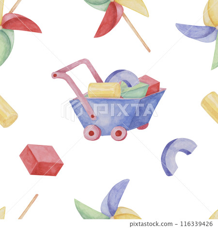 Toy wheelbarrow, pinwheel paper fan and blocks. Retro cart and origami. Simple Baby seamless pattern. Textile print for kids clothes, children's nursery wallpaper, wrapping paper, scrapbooking Toy wheelbarrow, pinwheel paper fan and blocks. Retro cart and origami. Simple Baby seamless pattern. Textile print for kids clothes, children's nursery wallpaper, wrapping paper, scrapbooking 116339426