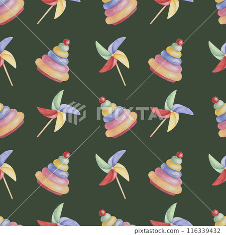 Baby seamless pattern with pinwheel and wooden rings pyramid. Toys in watercolor. Simple ornament. Hand drawn textile print for kids clothes, children's nursery wallpaper, wrapping paper, scrapbooking Baby seamless pattern with pinwheel and wooden rings pyramid. Toys in watercolor. Simple ornament. Hand drawn textile print for kids clothes, children's nursery wallpaper, wrapping paper, scrapbooking 116339432