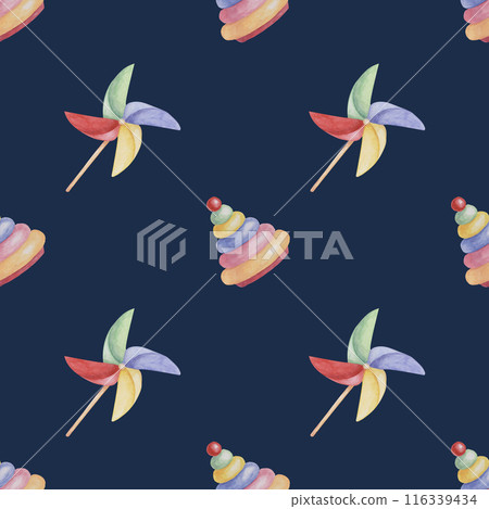 Baby seamless pattern with pinwheel and wooden rings pyramid. Toys in watercolor. Simple ornament. Hand drawn textile print for kids clothes, children's nursery wallpaper, wrapping paper, scrapbooking Baby seamless pattern with pinwheel and wooden rings pyramid. Toys in watercolor. Simple ornament. Hand drawn textile print for kids clothes, children's nursery wallpaper, wrapping paper, scrapbooking 116339434