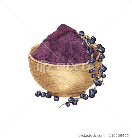 Acai berries superfood, powder in a wooden bowl and palm leaves. Exotic tropical berries clipart. Watercolor illustration for printing, packaging, cosmetics, granola, smoothie, supplements, labels 116339435