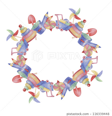 Toys round frame template, pinwheel, cart, bucket, shovel, pencils, stacking rings clipart. Watercolor play objects for birthday, gender reveal, baptism, birth announcement cards, playdate invitation Toys round frame template, pinwheel, cart, bucket, shovel, pencils, stacking rings clipart. Watercolor play objects for birthday, gender reveal, baptism, birth announcement cards, playdate invitation 116339448