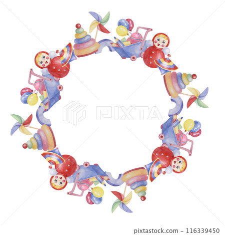 Toys round frame template, doll with pinwheel, humming top, balloons, blue cart and pencils. Watercolor play objects for birthday, gender reveal, baptism, birth announcement cards, playdate invitation 116339450