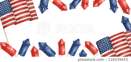 Fourth of July banner. USA flag, firecrackers and fireworks bursts. Independence day national holiday template. Hand drawn watercolor 4th of July clipart for web, voucher, banner, coupon, sale, store 116339455