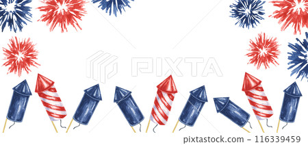Fourth of July banner. Red, Blue firecrackers and fireworks bursts. Independence day national holiday template. Hand drawn watercolor 4th of July clipart for web, voucher, banner, coupon, sale, store Fourth of July banner. Red, Blue firecrackers and fireworks bursts. Independence day national holiday template. Hand drawn watercolor 4th of July clipart for web, voucher, banner, coupon, sale, store 116339459