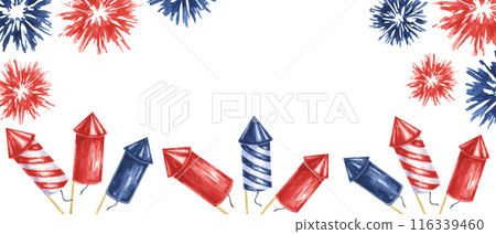 Fourth of July banner. Red, Blue firecrackers and fireworks bursts. Independence day national holiday template. Hand drawn watercolor 4th of July clipart for web, voucher, banner, coupon, sale, store Fourth of July banner. Red, Blue firecrackers and fireworks bursts. Independence day national holiday template. Hand drawn watercolor 4th of July clipart for web, voucher, banner, coupon, sale, store 116339460