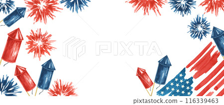 Fourth of July banner. USA flag, firecrackers and fireworks bursts. Independence day national holiday template. Hand drawn watercolor 4th of July clipart for web, voucher, banner, coupon, sale, store Fourth of July banner. USA flag, firecrackers and fireworks bursts. Independence day national holiday template. Hand drawn watercolor 4th of July clipart for web, voucher, banner, coupon, sale, store 116339463