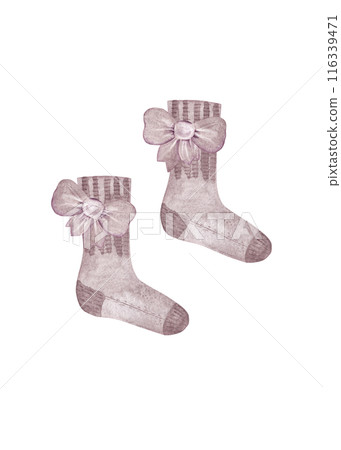 Stylish watercolor hand drawing. Beige socks with bows. Clothes for girls. Creative set 116339471