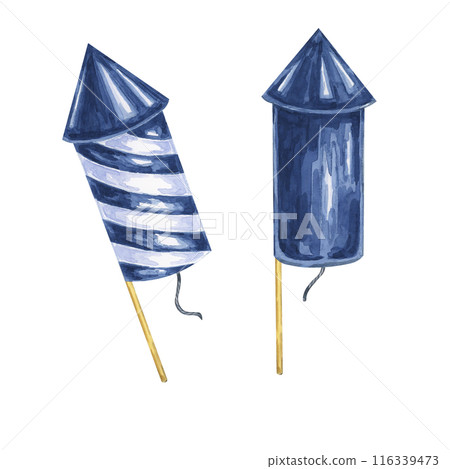 Blue firecrackers for Fourth of July, USA Independence day national holiday design elements. Festive Crackers patriotic Watercolor clipart for 4th of July greeting card, party invitation, banner Blue firecrackers for Fourth of July, USA Independence day national holiday design elements. Festive Crackers patriotic Watercolor clipart for 4th of July greeting card, party invitation, banner 116339473