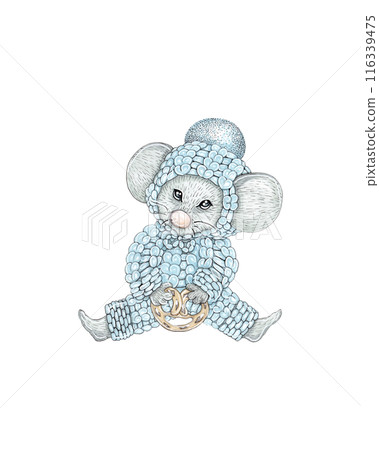 Cartoon mouse with a pretzel. Blue knitted jumpsuit. Illustration for kids. Christmas character wearing knitted clothing Cartoon mouse with a pretzel. Blue knitted jumpsuit. Illustration for kids. Christmas character wearing knitted clothing 116339475