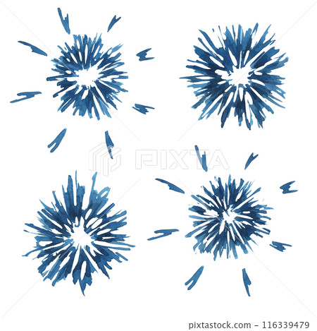 Blue fireworks, Fourth of July, USA Independence day national holiday design elements. Firework bursts, explosions. Watercolor clip arts for 4th of July greeting card, party invitation, banner, retail 116339479