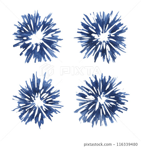 Blue fireworks, Fourth of July, USA Independence day national holiday design elements. Firework bursts, explosions. Watercolor clip arts for 4th of July greeting card, party invitation, banner, retail 116339480