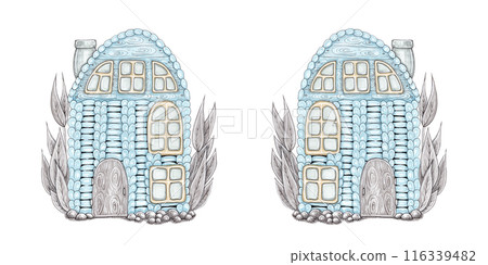 Cartoon gingerbread houses. Blue crocheted house with garden plants. Christmas season. Isolated christmas illustration for your designs Cartoon gingerbread houses. Blue crocheted house with garden plants. Christmas season. Isolated christmas illustration for your designs 116339482