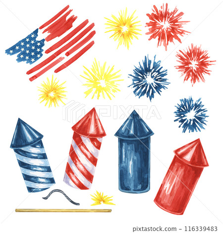 Fourth of July, USA Independence day national holiday design elements. Firework bursts, firecrackers, American flag. Watercolor cliparts for 4th of July greeting card, party invitation, banner, retail Fourth of July, USA Independence day national holiday design elements. Firework bursts, firecrackers, American flag. Watercolor cliparts for 4th of July greeting card, party invitation, banner, retail 116339483