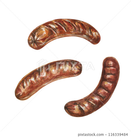 Three grilled sausages in watercolor. Traditional German, Austrian food and culinary design. Bratwurst for Oktoberfest theme, clipart for flyers, posters, menu, brewery, snack stand, cultural events 116339484