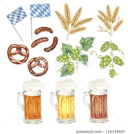 Oktoberfest elements in watercolor. Frothy mugs with light and dark beer, grilled sausages, salty pretzels, wheat, hops and Bavarian flags. Cliparts for festive designs, celebration, brewery Oktoberfest elements in watercolor. Frothy mugs with light and dark beer, grilled sausages, salty pretzels, wheat, hops and Bavarian flags. Cliparts for festive designs, celebration, brewery 116339485