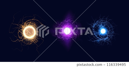 A vector illustration showing intense spheres of lightning and radiance on a dark background. 116339495