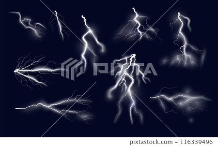 Thunderbolts against dark sky vector illustration set 116339496