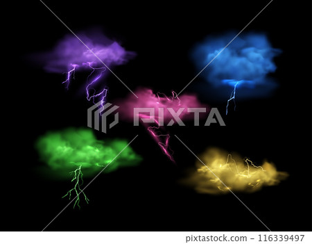 Colorful lightning storm clouds vector illustration. Colorful lightning storm clouds vector illustration. 116339497